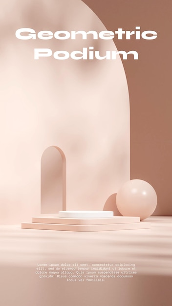 light red and white podium in portrait arch and sphere background wall 3d render empty scene