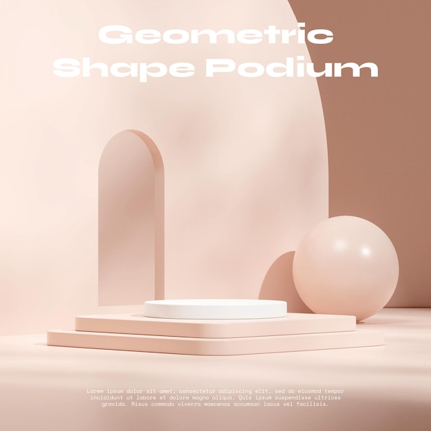 light red and white podium in square arch and sphere background wall 3d render empty scene