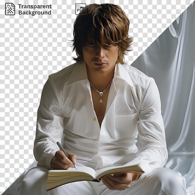 PSD light yagami from death note is writing in the death note book while wearing a white shirt silver necklace and white pants he has brown hair and is holding an open book in