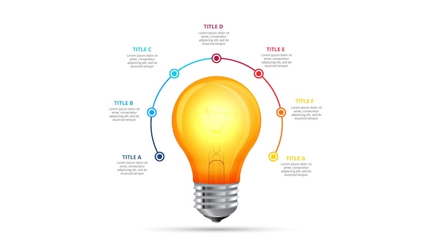 Modello di progettazione infografica lampadina concetto di business con 7 fasi o processi di parti di opzioni