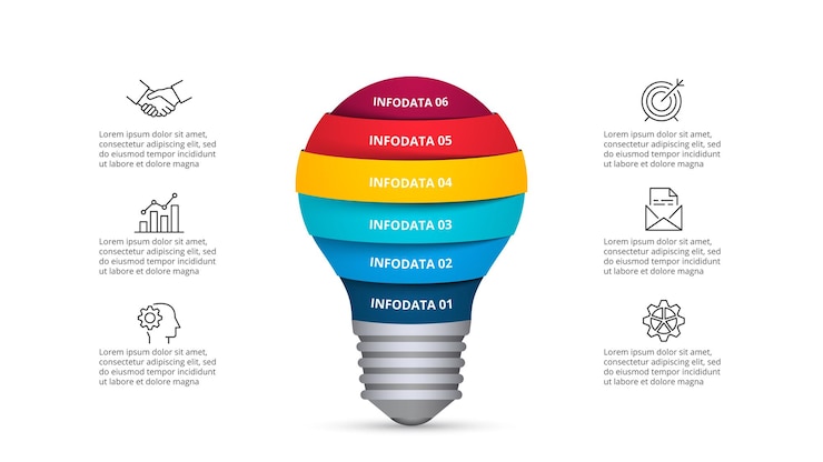 PSD lightbulb infographic template with 6 options creative business startup concept