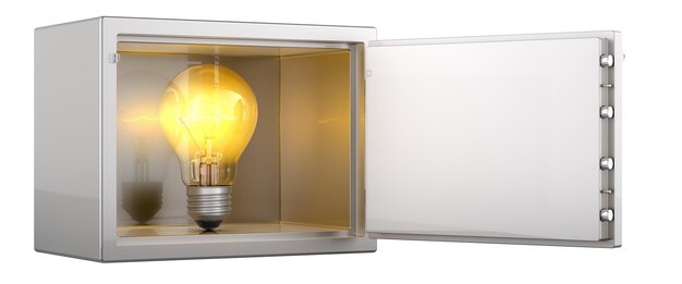 Lightbulb inside combination lock safe 3D rendering isolated on transparent background