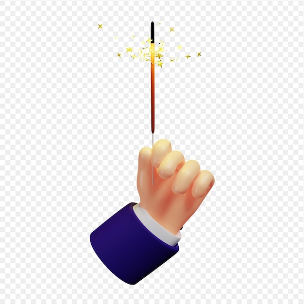 PSD lighted sparkler in hand isolated illustration 3d rendering