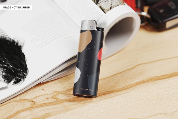 PSD lighter on rolled magazine mockup