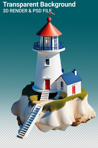 PSD a lighthouse on a beach with a red door and a blue and white house on the top