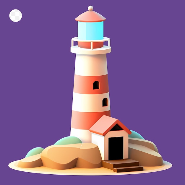 A lighthouse in front of a purple background