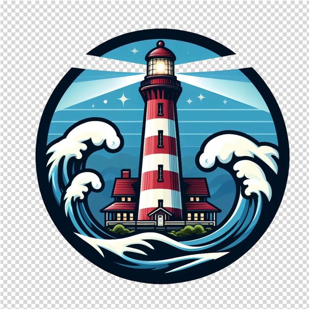 PSD a lighthouse is shown in a circle with waves and a lighthouse on the background