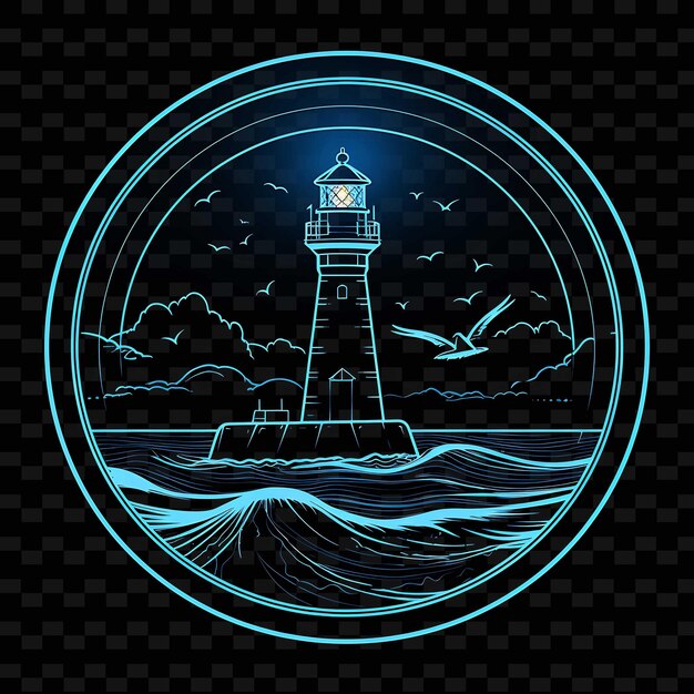 PSD lighthouse nautical blue circular neon lines seagull decorat png y2k shapes transparent light arts