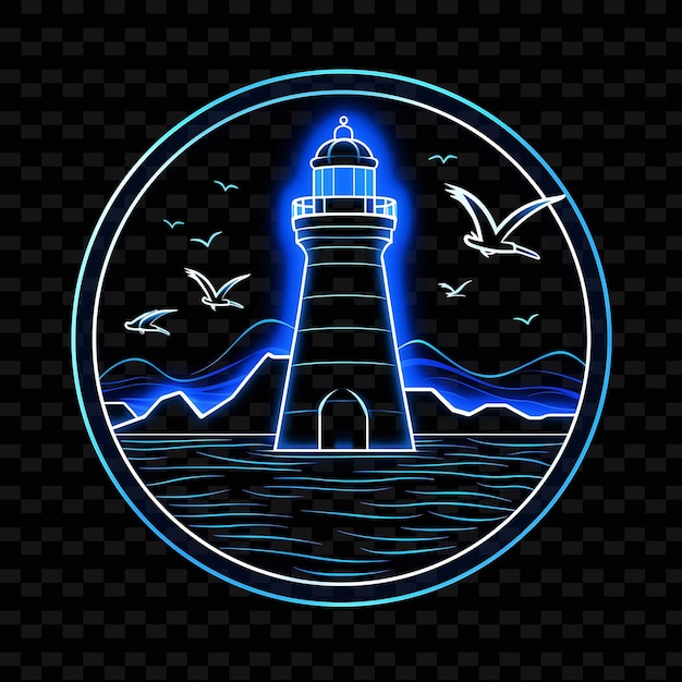 PSD lighthouse nautical blue circular neon lines seagull decorat shape y2k neon light art collezioni