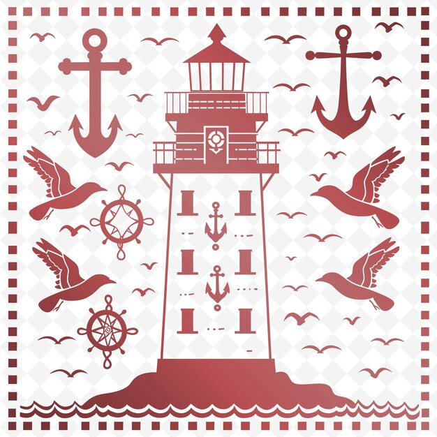 PSD contorno del faro con simboli nautici e gabbiani ancho illustrazione collezione di motivi decorativi