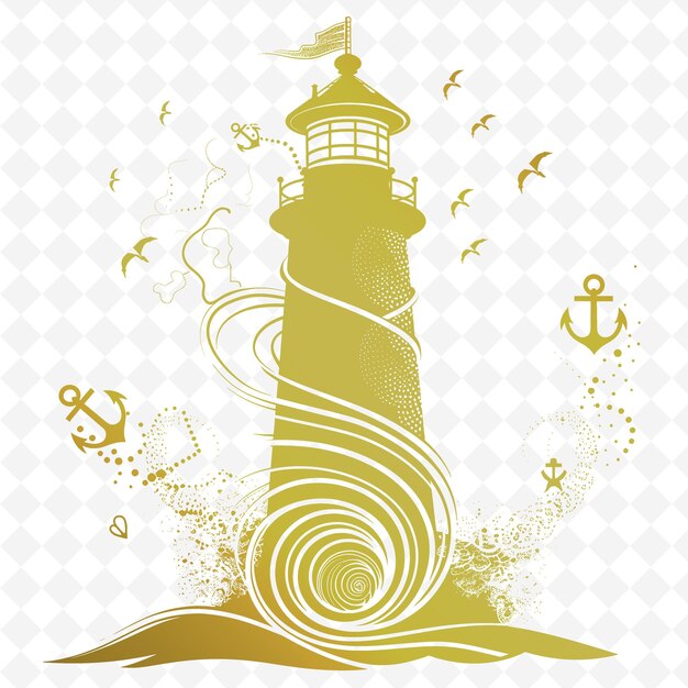 Lighthouse outline with spiral design and anchor symbols fo illustration decor motifs collection