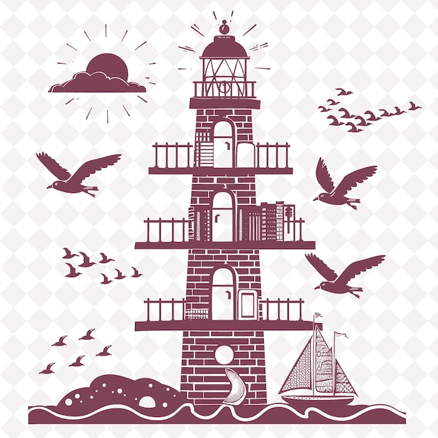 PSD a lighthouse with a boat and birds flying around it