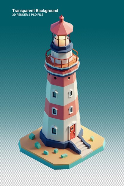 A lighthouse with a red top and a blue background