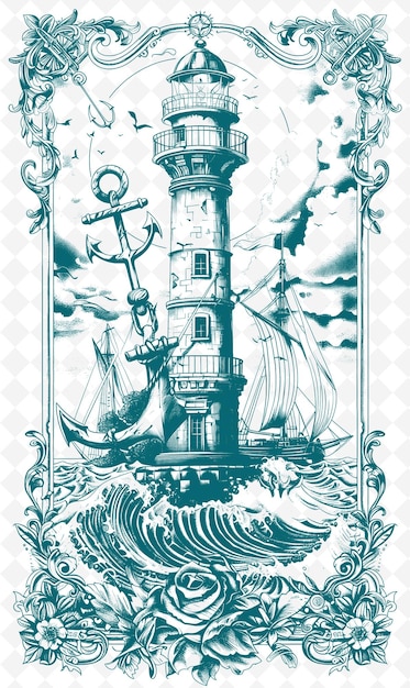 PSD a lighthouse with a ship on the top and a ship on the bottom