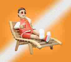 PSD un ragazzo leggermente vestito è seduto su una chaise longue e beve succo trasparente sfondo 3d