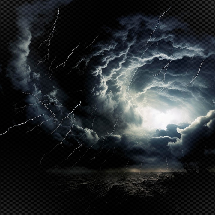 PSD a lightning bolt is visible above the ocean and the sky is a dark and cloudy