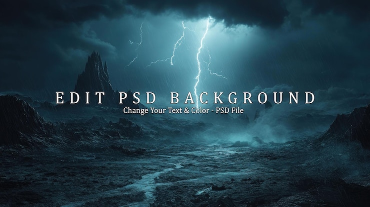 PSD lightning storm over a mountainous landscape