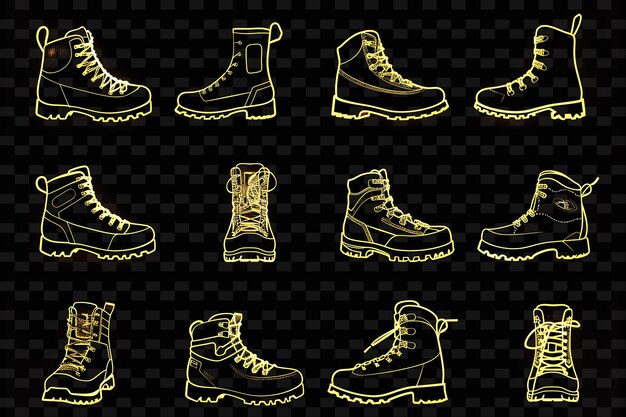 PSD lijnen van hiking boot iconen met pulserende luminescentie en set png iconic y2k shape art decorativer