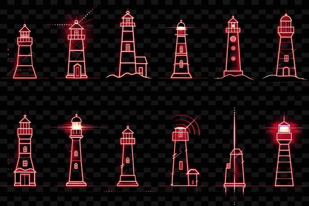 PSD lijnen van vuurtoren iconen met pulserende luminescentie en n set png iconic y2k shape art decorativee