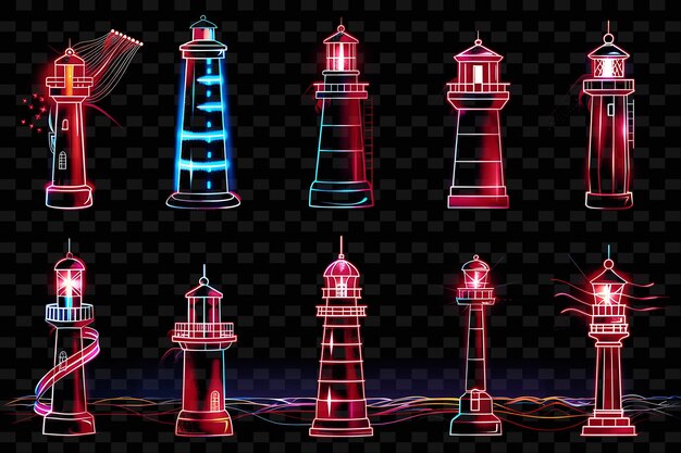 PSD lijnen van vuurtoren iconen met pulserende luminescentie en n set png iconic y2k shape art decorativee