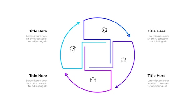 Lijninfografisch ontwerp met een cirkelvormig gesegmenteerd diagram met 4 stappen