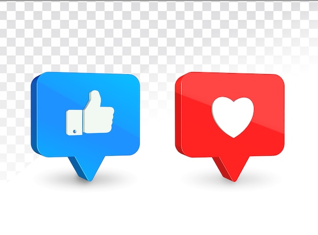 Like button and heart button 3d icons rendering