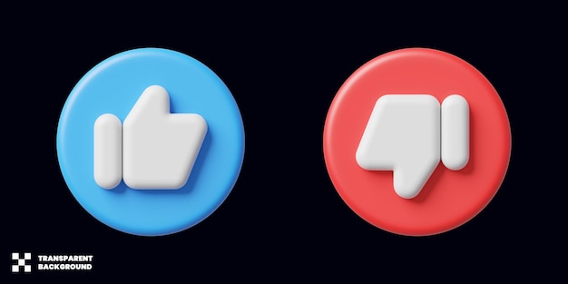 Like and dislike thumbs up and thumbs down icon set in 3d render