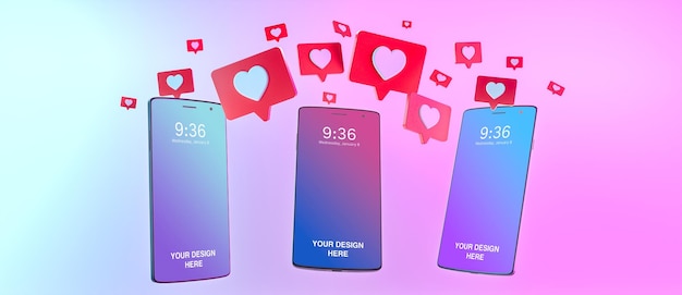 Liked messages amidst modern smartphones mockup 3d render