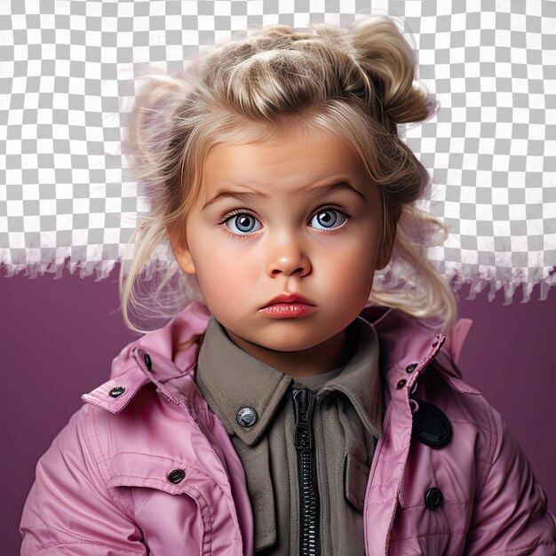 PSD lilac clad scandinavian toddler woman posing in serious stance blonde hair cycling attire