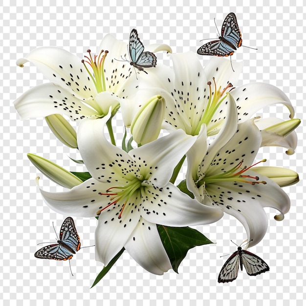 PSD lily circondata da farfalle isolate su uno sfondo trasparente