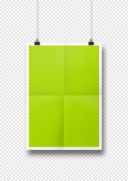 PSD lime green folded poster hanging on a white wall with clips