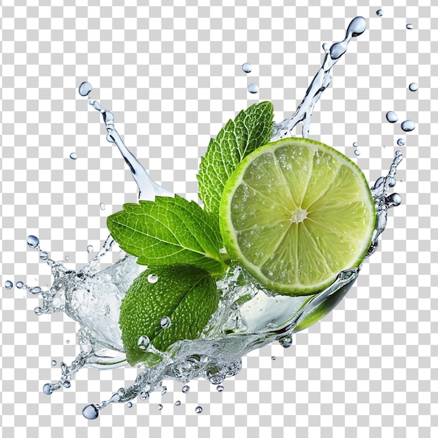 Lime and mint leave with splash isolated on transparent background