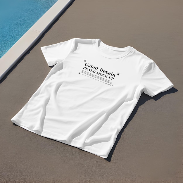 편집 가능한 Psd와 함께 수영장 가장자리에 누워있는  ⁇  티셔츠의 제한된 에디션 모형
