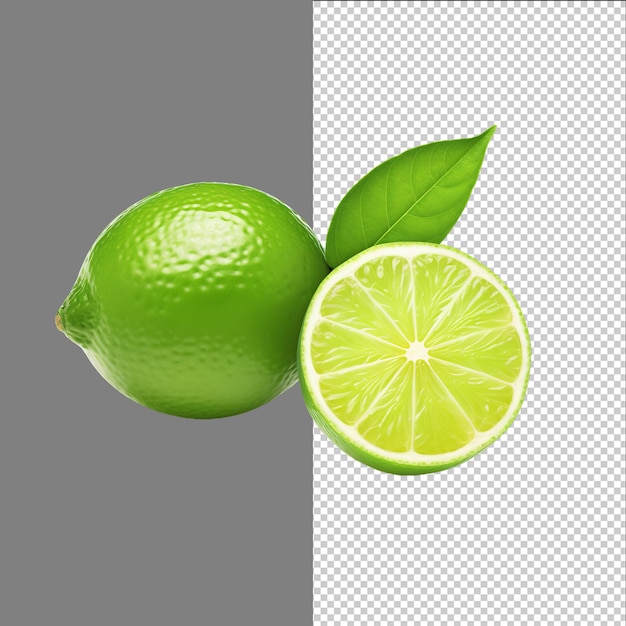 Limonki z kawałkiem i liśćmi wyizolowanymi na przezroczystym tle png psd