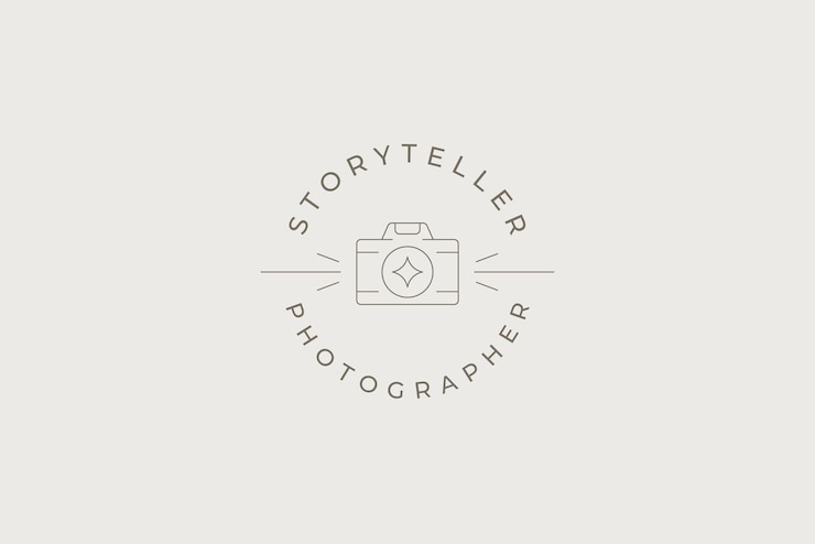 PSD line art monochrome eenvoudige foto-video camera met gloeilens cirkel logo met plaats voor tekst