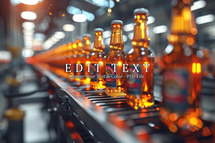 PSD a line of beer bottles move down a conveyor belt in a factory
