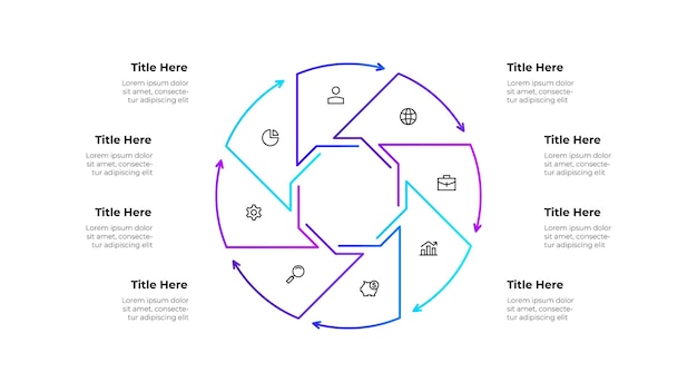 Line infographic design featuring a circular segmented diagram with 8 steps