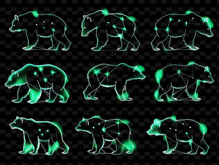 PSD lines of bear icons with pulsating glow and dotted style in set png iconic y2k shape art decorative