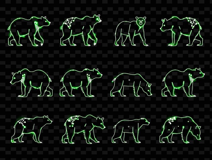 PSD lines of bear icons with pulsating glow and dotted style in set png iconic y2k shape art decorative