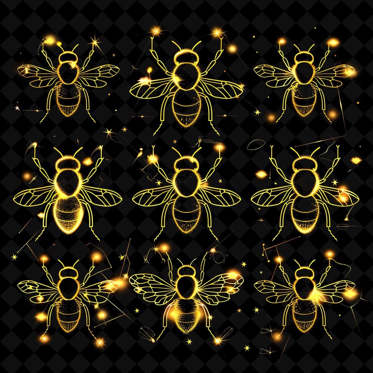 PSD lines of bee icons with pulsating glow and pixelated style i creative set neon color y2k collection
