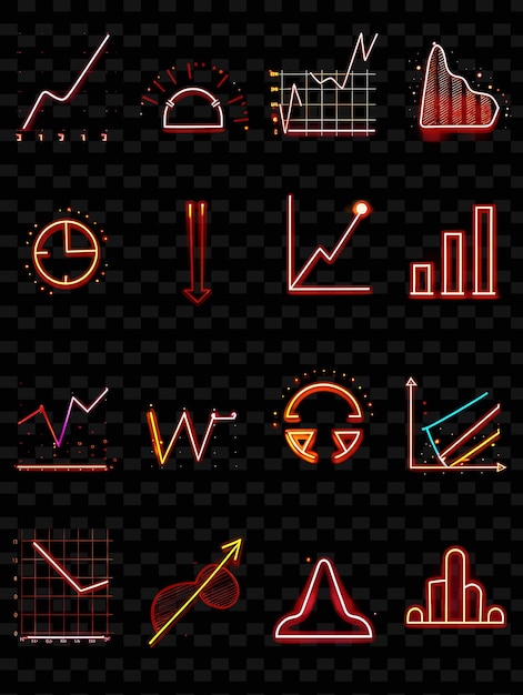 PSD lines of market analysis icons with animated glow in neon h set png iconic y2k shape art decorativea