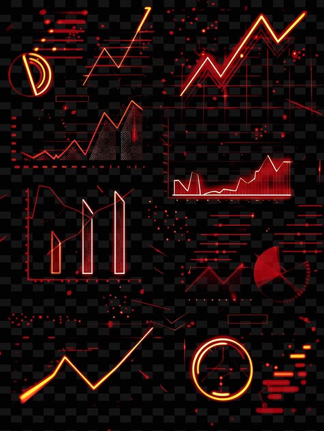 PSD lines of market analysis icons with animated glow in neon h set png iconic y2k shape art decorativea