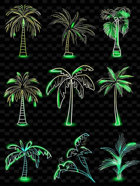 PSD lines of palm tree icons with pulsating luminescence and ne set png iconic y2k shape art decorativeo