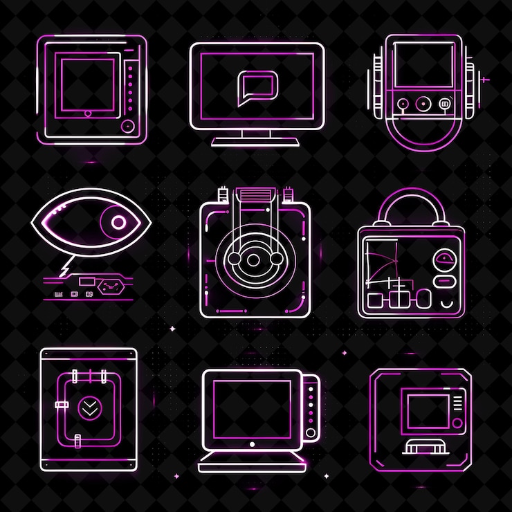 PSD lines of technology icons with a neon sign line style and a creative set neon color y2k collection