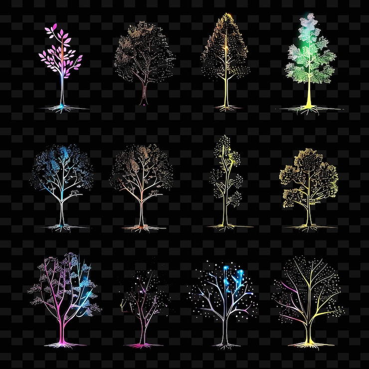 PSD lines of tree icons with shimmering luminescence in graffit set png iconic y2k shape art decorativei