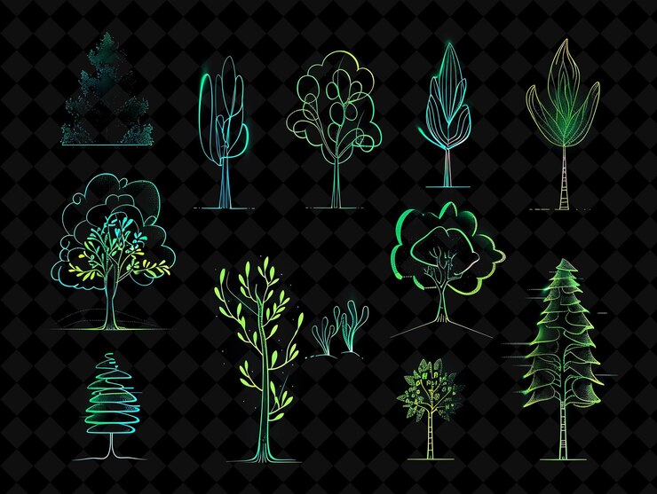 PSD lines of tree icons with shimmering luminescence in graffiti creative set neon color y2k collection