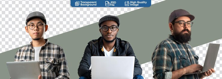 PSD lineup of male computer coders with laptops captured in halfbody portraits