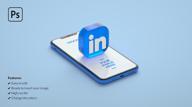 PSD linkedin icon with a mobile phone mockup in 3d rendering