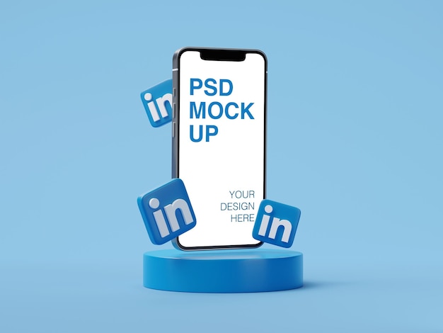 Linkedin-logo social media post op mobiele telefoon mockup met 3d-pictogrammen