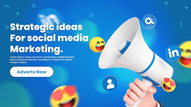 Linkedin social media banner template with social networking logos and icon around 3d megaphone